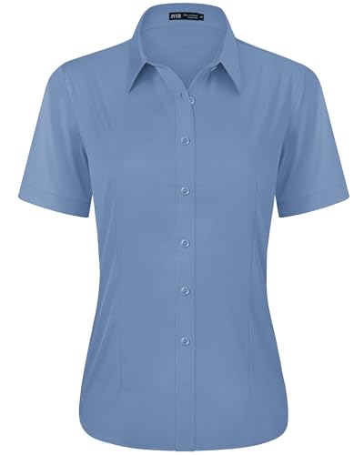 J.VER Hemdbluse Damen Kurzarm Casual Formal fit Sommerbluse Flexibles Design Oberteile für Dame Designer Kellnerin,Graublau,M von J.VER