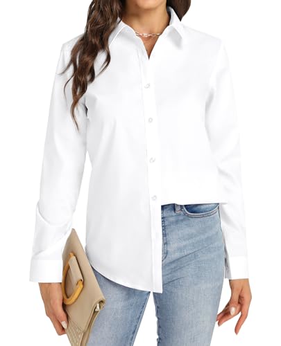 J.VER Bluse Bügelfrei Damen Business Stretch Hemdbluse Oberteile Fit Einfarbig Blouse Für HochzeitsgäSte Service und Gastronomie Alle Weiß von J.VER