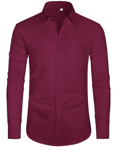 J.VER Bügelleichtes Anzug Freizeithemd Herren Modische Businesshemd Geschäftsmann Button Down Langarmshirt,Bordeaux,2XL von J.VER