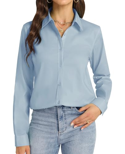 J.VER Damen Elegant Festlich Langarm Oberteile Klassische Bluse Regular Fit Lady Work Office Bluse, Nebelblau, M von J.VER