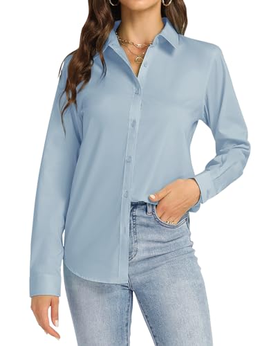 J.VER Bluse Damen Langarm Bügelleicht Langarmshirt Stretch Business Freizeithemd Für Vorstellungsgespräch Workwear und Formelle Anlässe Nebelblau von J.VER