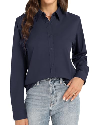 J.VER Damen Freizeit Bluse Langarm Business Oberteile Lose V-Ausschnitt Damen Button-Down Shirts,Navy Blau,S J.VER Damen Freizeit Bluse Langarm Business Oberteile Lose V-Ausschnitt Damen Button-Down Shirts,Navy Blau,S von J.VER