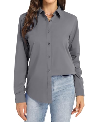 J.VER Bluse Damen Langarm Business Damenblusen Bügelfrei Langarmshirt Einfarbig Tops Kragen Baumwolle Oberteile Knitterfreies Lady Hemdbluse grau von J.VER