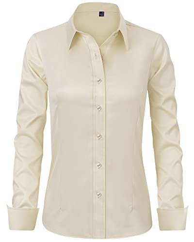 J.VER Damen-Hemden, langärmelig, Knopfleiste, knitterfrei, solide Arbeitsbluse, Beige, Klein von J.VER