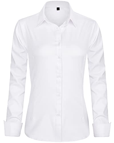 J.VER Damen Kleid Hemden Langarm Button Down Shirts Faltenfreie Solide Arbeitsbluse, Weiß, Mittel von J.VER