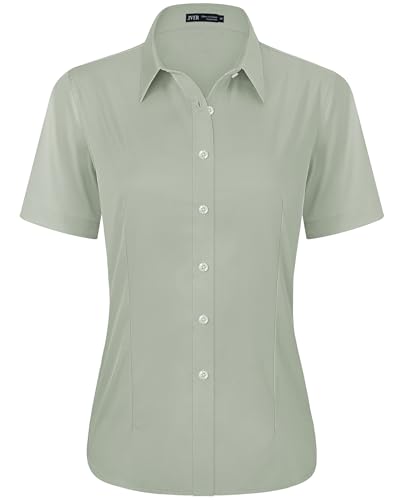 J.VER Kurzarm Bluse Damen Casual Fit Businesshemd Wrinkle Free Leichte Sommerbluse Essentials für Frauen bei der Arbeit,Erbsengrün,L von J.VER