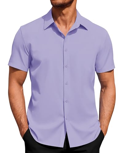 J.VER Herren Hemd Kurzarm Freizeithemd Sommer Stretch Hemden Formales Tochzeit Business Hemd Für Arbeits Strand Camping Lila L von J.VER