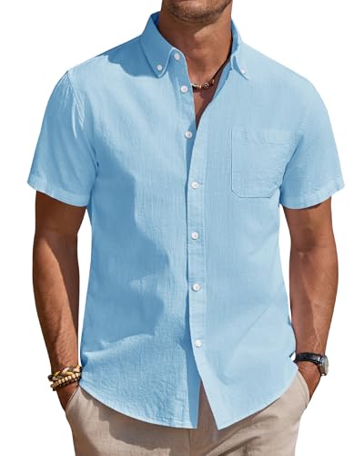 J.VER Leinenhemd Herren Hemd Kurzarm Sommerhemd Einfarbig Regular Fit Freizeithemd Leichtes Beach Shirt Hellblau M von J.VER