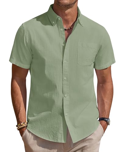 J.VER Hemd Herren Kurzarm Leinenhemd Casual Bügelfrei Hemden Sommer Strandhemd Leichtes Button Down Leinenshirt mit Taschen Armeegrün 3XL von J.VER