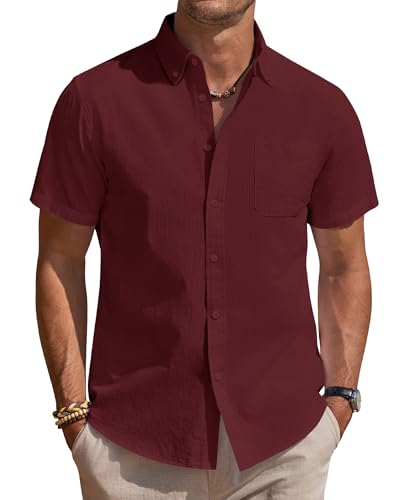 J.VER Leinenhemd Herren Hemd Kurzarm Freizeithemd Businesshemd Sommer Casual Regular Fit Shirt Bordeauxrot L von J.VER
