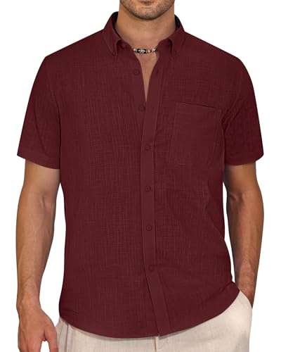 J.VER Hemd Herren Kurzarm Herren Leinenhemd Button Down Shirts Casual Freizeithemd Regular Fit Baumwolle Oberhemd,Bordeauxrot,XXL von J.VER