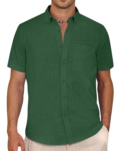 J.VER Hemd Herren Leinen Kurzarm Hemd Regular Fit Freizeithemd Button Down Casual Shirts Baumwolle Männer Oberhemd,Grün,XXL von J.VER