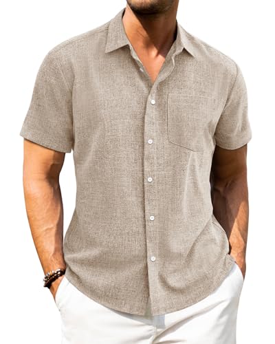 J.VER Hemd Herren Kurzarm Sommer Freizeithemd Regular Fit Bügelleicht Leinen Hemden mit Tasche für Outdoor Urlaub Flitterwochen,Champagnerfarbe,M von J.VER