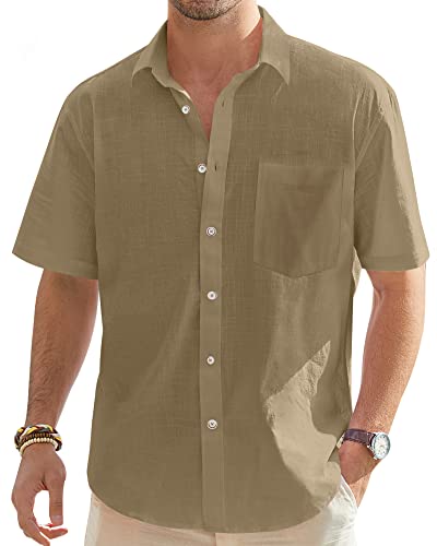 J.VER Hemd Herren Kurzarm Sommerhemd Herren Freizeithemd Leinenhemd Regular Fit Men Shirts,Dunkelkhaki,3XL von J.VER