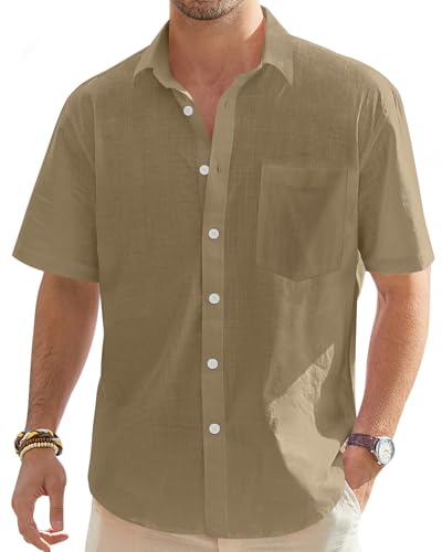 J.VER Hemd Herren Kurzarm Sommerhemd Männer Freizeithemd Leinenhemd Regular Fit Men Shirts,Dunkelkhaki,3XL von J.VER