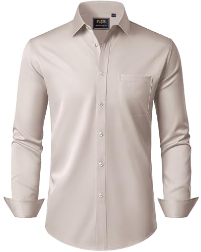 J.VER Beige Arbeitshemd Langarm Hemd Herren Regular Fit Stretch Herrenhemden Bügelfrei Freizeithemden Hochzeit Hemden,2XL von J.VER