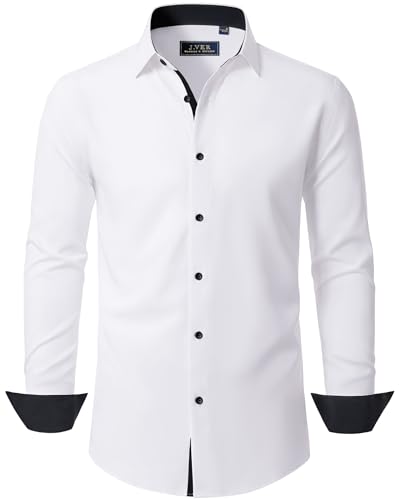 J.VER Hemd Herren Knitterfreie Stretch Freizeithemden Langarm Hemden Bügelfrei Regular Fit Hochzeit Party Büro Dating Shirts,Alle Weiß,2XL von J.VER