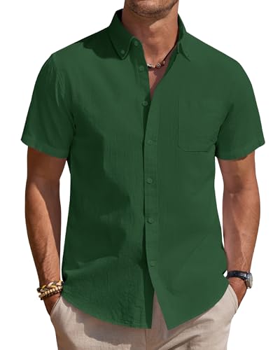 J.VER Leinenhemd Herren Hemd Sommerhemden Kurzarm Business Freizeithemden Bügelfrei Comfort Fit Strandhemd Für Büro Hochzeit Reisen Grün M von J.VER
