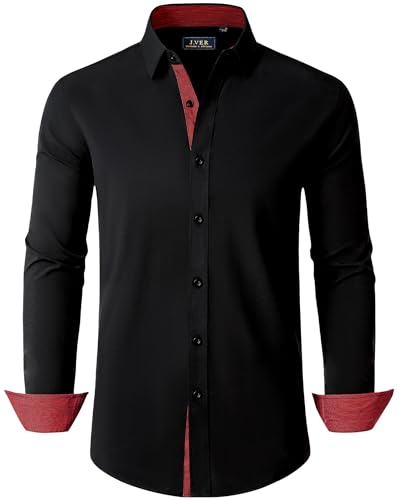 J.VER Herren Hemd Langarm Comfort Fit Businesshemd Bügelleicht Hemden Männer Wrinkle Free Casual Oberhemd Hochzeit Musterhemd,Schwarz,L von J.VER
