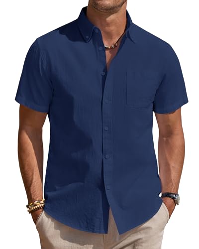 J.VER Hemd Herren Kurzarm Leinenhemd Casual Bügelfrei Hemden Sommer Strandhemd Leichtes Button Down Leinenshirt mit Taschen Dunkelblau S J.VER Hemd Herren Kurzarm Leinenhemd Casual Bügelfrei Hemden Sommer Strandhemd Leichtes Button Down Leinenshirt mit Taschen Dunkelblau S von J.VER