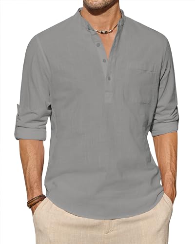 J.VER Henley Shirt Herren Dunkelgrau Button Down Freizeit Hemd Regular Fit Stehkragenhemd mit Brusttasche L von J.VER