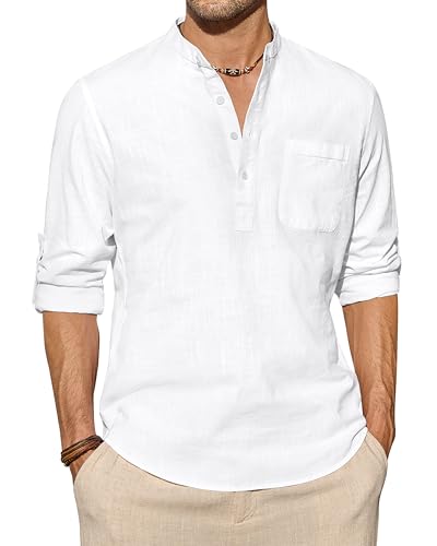 J.VER Herren Baumwolle Leinen Hemden Casual Langarm Henley Shirt Hippie Strand Tops Urlaub T-Shirts mit Tasche, A-weiß, 4X-Groß von J.VER