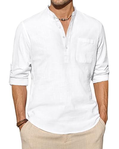 J.VER Herren Baumwolle Leinen Hemden Casual Langarm Henley Shirt Hippie Strand Tops Urlaub T-Shirts mit Tasche, A-weiß, 5X-Groß von J.VER