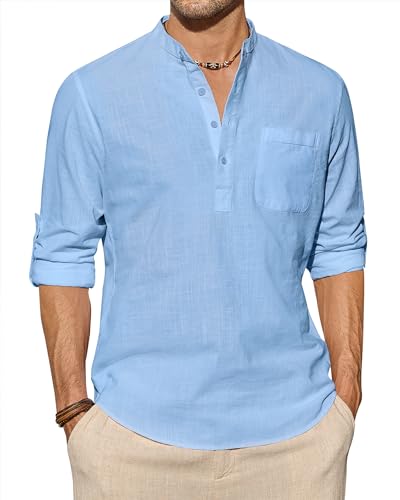 J.VER Herren Baumwolle Leinen Hemden Casual Langarm Henley Shirt Hippie Strand Tops Urlaub T-Shirts mit Tasche, Hell, blau, 4X-Groß von J.VER