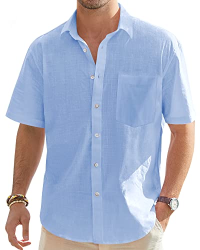 J.VER Herren Baumwolle Leinen Kurzarm Shirts Casual Leicht Button Down Shirt Strand Sommer Tops mit Tasche, Hell, blau, XX-Large von J.VER