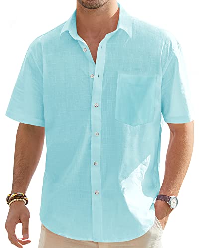 J.VER Herren Baumwolle Leinen Kurzarm Shirts Casual Leichte Button Down Shirts Strand Sommer Tops mit Tasche, blau - fluorescent blue, XX-Large von J.VER