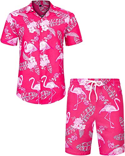 J.VER Herren Hawaii-Hemden Casual Button Down Kurzarm Bedruckte Shorts Sommer Strand Tropical Hawaii Shirt Anzüge, A-pinkfarbener Flamingo, Groß von J.VER