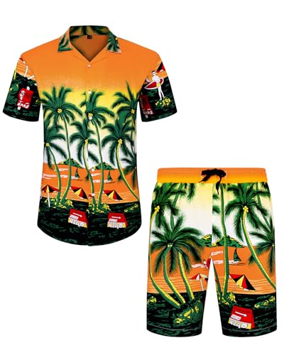 J.VER Herren Hawaiihemd Flamingo Floral Kurzarmhemd und Shorts Sommer Beach Freizeithemden Funky Party Outfit Hawaii Hemd Männer Faltenfrei Urlaub Hemd Set,Gelb Strand,M von J.VER