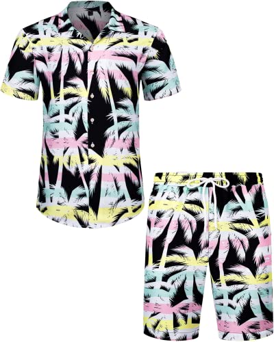 J.VER Herren Hawaiihemd Flamingo Floral Kurzarmhemd und Shorts Sommer Beach Freizeithemden Funky Party Outfit Hawaii Hemd Männer Faltenfrei Urlaub Hemd Set,Kokosnussbaum Schwarz,3XL von J.VER