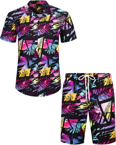J.VER Herren Hawaiihemd Flamingo Floral Kurzarmhemd und Shorts Sommer Beach Freizeithemden Funky Party Outfit Hawaii Hemd Männer Faltenfrei Urlaub Hemd Set,Mehrfarbig,XXL von J.VER