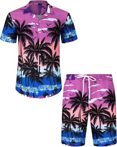 J.VER Herren Hawaiihemd Kurzarm Party Hemd Casual Flamingo Floral Strandhemd Bügelfrei Button Down Kurzarm Hawaii Shirt und Shorts Faltenfrei Urlaub Hemd Set,Kokosnussbaum Lila,M von J.VER