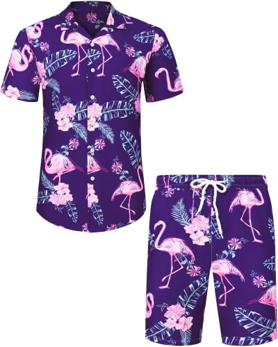J.VER Herren Hawaiihemd Kurzarm Party Hemd Casual Flamingo Floral Strandhemd Bügelfrei Button Down Kurzarm Hawaii Shirt und Shorts Faltenfrei Urlaub Hemd Set,Lila Flamingo,S von J.VER