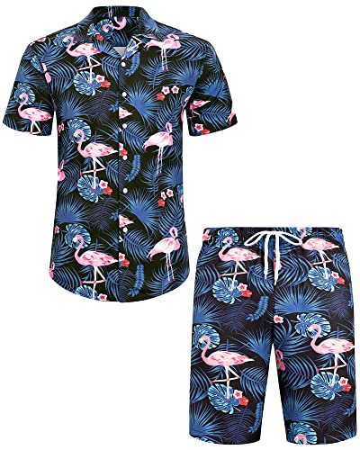 J.VER Herren Hawaiihemd Kurzarm Party Hemd Casual Flamingo Floral Strandhemd Bügelfrei Button Down Kurzarm Hawaii Shirt und Shorts Faltenfrei Urlaub Hemd Set,navyblau,XXL von J.VER