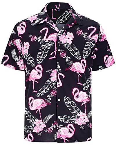 J.VER Herren Hawaiihemd Kurzarm Sommerhemd Casual Flamingo Floral Strandhemd Bügelfrei Button Down Kurzarm Hawaii Shirt Faltenfrei Urlaub Shirt,Schwarz Flamingo,4XL von J.VER