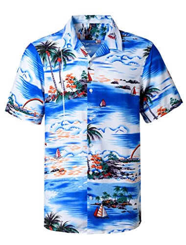 J.VER Herren Hawaiihemd Kurzarm Sommerhemd Casual Flamingo Floral Strandhemd Bügelfrei Button Down Kurzarm Hawaii Shirt Faltenfrei Urlaub Shirt,Blaues Meer,L von J.VER