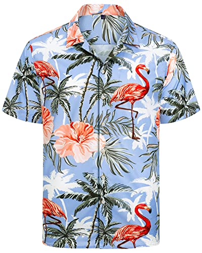 J.VER Hawaii Hemd Männer Funky Hawaiihemd Blumenmuster Flamingo Kurzarm Sommer Leicht Freizeithemd Regular Fit Strandhemd Flamingo Blau M von J.VER