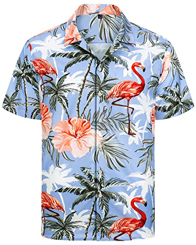J.VER Herren Hawaiihemd Kurzarm Sommerhemd Casual Flamingo Floral Strandhemd Bügelfrei Button Down Kurzarm Hawaii Shirt Faltenfrei Urlaub Shirt,Flamingo Blau,S von J.VER