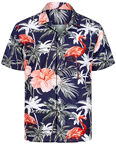 J.VER Herren Hawaiihemd Kurzarm Sommerhemd Casual Flamingo Floral Strandhemd Bügelfrei Button Down Kurzarm Hawaii Shirt Faltenfrei Urlaub Shirt,Flamingo Marineblau,L von J.VER