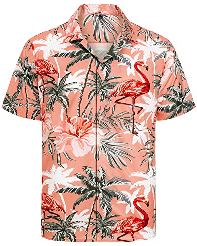 J.VER Herren Hawaiihemd Kurzarm Sommerhemd Casual Flamingo Floral Strandhemd Bügelfrei Button Down Kurzarm Hawaii Shirt Faltenfrei Urlaub Shirt,Flamingo Orange,3XL von J.VER