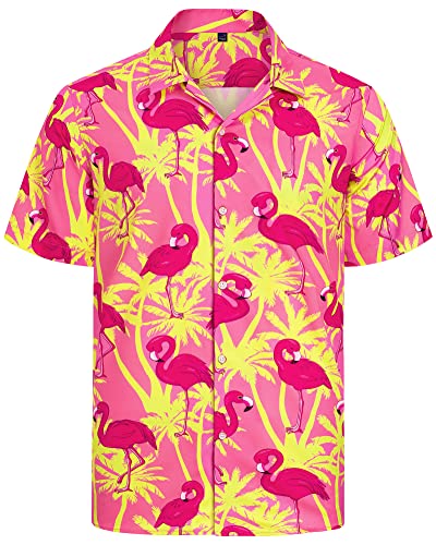 J.VER Herren Hawaiihemd Kurzarm Sommerhemd Casual Flamingo Floral Strandhemd Bügelfrei Button Down Kurzarm Hawaii Shirt Faltenfrei Urlaub Shirt,Gelb Flamingo Rosa,M von J.VER