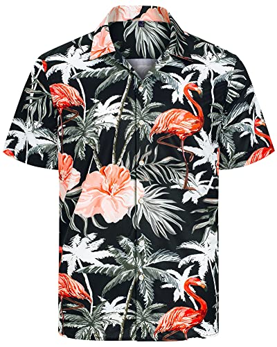 J.VER Herren Hawaiihemd Kurzarm Sommerhemd Casual Flamingo Floral Strandhemd Bügelfrei Button Down Kurzarm Hawaii Shirt Faltenfrei Urlaub Shirt,Flamingo Schwarz,L von J.VER