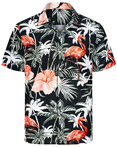 J.VER Herren Hawaiihemd Kurzarm Sommerhemd Casual Flamingo Floral Strandhemd Bügelfrei Button Down Kurzarm Hawaii Shirt Faltenfrei Urlaub Shirt,Flamingo Schwarz,M von J.VER