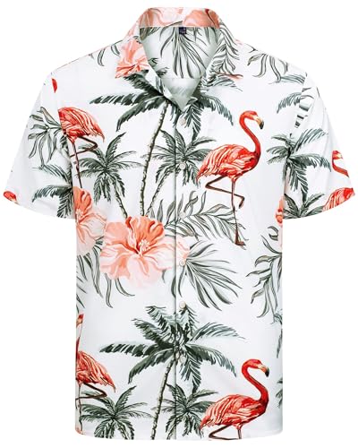 J.VER Hawaiihemd Herren Flamingo Kurzarm Hemd Casual Sommer Strandhemd Bügelfrei Button Down Kurzarm Hawaii Shirt Faltenfrei Urlaub Shirt,Flamingo Weiß,XL von J.VER