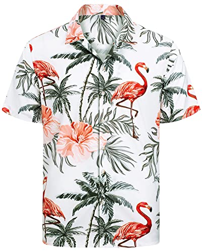 J.VER Herren Hawaiihemd Kurzarm Sommerhemd Casual Flamingo Floral Strandhemd Bügelfrei Button Down Kurzarm Hawaii Shirt Faltenfrei Urlaub Shirt,Flamingo Weiß,XL von J.VER