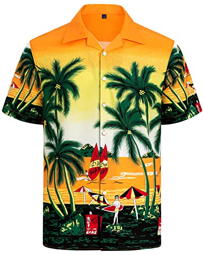 J.VER Herren Hawaiihemd Kurzarm Sommerhemd Casual Flamingo Floral Strandhemd Bügelfrei Button Down Kurzarm Hawaii Shirt Faltenfrei Urlaub Shirt,Gelb Strand,XL von J.VER
