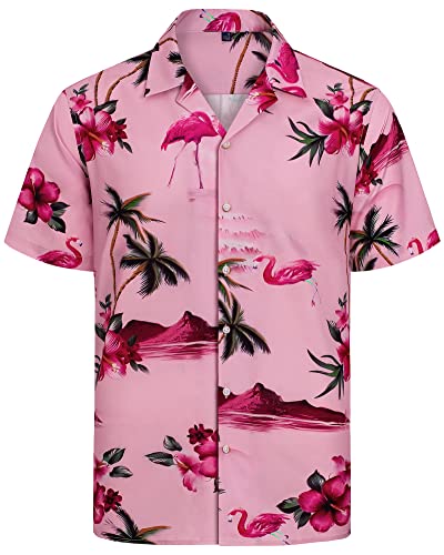 J.VER Herren Hawaiihemd Kurzarm Sommerhemd Casual Flamingo Floral Strandhemd Bügelfrei Button Down Kurzarm Hawaii Shirt Faltenfrei Urlaub Shirt,Rosa,XL von J.VER